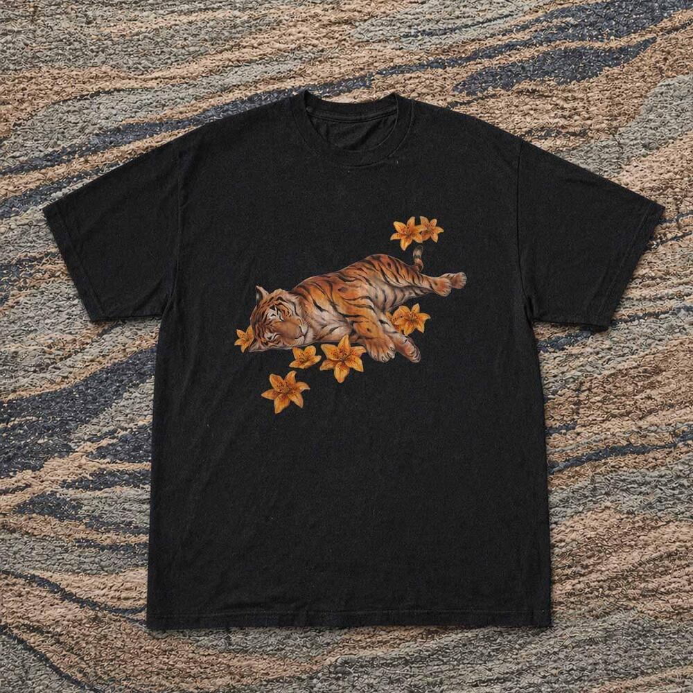 Style Tiger With Flowers Black Graphic Tee